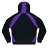 A men's hoodie featuring a black body with purple accent panels and a hood, including a logo.