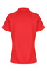 A red polo shirt with a classic collar and short sleeves, featuring a logo on the back.