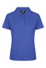 A blue polo shirt with a collar and buttons, featuring a logo on the upper portion.