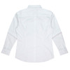 A long-sleeve white button-up shirt with a stylish back design and cuffs, featuring a logo.