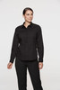 A black long sleeve button-up shirt for women, featuring a collar and a logo.