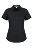 A black button-up shirt with short sleeves, featuring a fitted design and a collar. It has a logo on it.