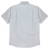 A short-sleeve button-up shirt in a light grey colour with a back view showcasing its design and features.