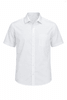 A short sleeve, button-up men's shirt in white with a single chest pocket. The shirt features a logo.