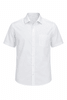 A short-sleeve white button-up shirt with a pocket and a logo.