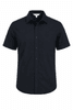 A short-sleeve button-up shirt in navy blue with a chest pocket and branded label.