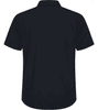 A short-sleeve men's button-up shirt in black with a plain back design and a collar.