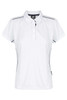 A white polo shirt with a collar, featuring contrasting black side seams and a logo on the chest.