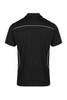 A black polo shirt featuring contrast piping along the seams and a logo on the front.