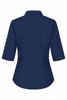 A navy blue button-up shirt with 3/4 sleeves and a fitted silhouette, featuring a collar and a logo.