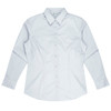 A light blue long sleeve button-up shirt with a collar and a logo. Suitable for casual or professional settings.