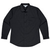 A long-sleeve button-up shirt in black, featuring a single chest pocket and a branded label.