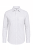 A long-sleeve button-up shirt in white with a pocket and a collar. It features a logo brand.