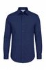 A navy blue long sleeve button-up shirt with a single chest pocket and a logo.