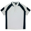 A polo shirt in white with navy blue accents and a logo on the collar.
