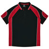 A black and red polo shirt featuring a sporty design and a logo. Suitable for casual wear.