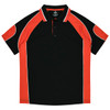 A black and red polo shirt with contrasting sleeves and a collar, featuring a logo.