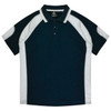 A navy and white polo shirt featuring a collar, short sleeves, and contrasting side panels. Includes a logo.