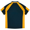 A polo shirt featuring dark green and gold colours, with a logo on the design.