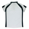 A white polo shirt with black detailing and a logo on the back. Short sleeves and a classic collar design.