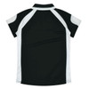 A black and white polo shirt featuring a contrasting design and a collar, with a logo on the chest area.