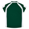 A green and white polo shirt with short sleeves and a collar, featuring a logo on the back.