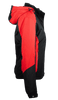 A black jacket with red accents, featuring a hood and zippered pockets, presented from the side.
