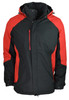 Men's jacket in black and red, featuring a hood and zippered pockets. The design includes a logo.