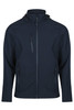 A dark navy jacket featuring a zip front, two front pockets, and an adjustable hood. It has a logo on it.
