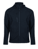 A navy jacket with a hood, featuring zippered pockets and a sleek design, includes a logo.