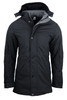 A black men's jacket with a hood and grey lining, featuring a button and zip closure. It has a logo on the fabric.