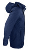 A navy blue men's jacket featuring a hood and side pockets, viewed from the side. It includes a logo.