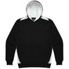 A black hoodie with a white interior and white accents on the sides. It features a front pocket and a logo.