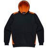 A black hoodie with orange accents, featuring a front pocket and a hood. It has a logo on the inside.