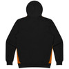 A black hoodie with orange side panels and a hood. The back view shows a smooth, unadorned surface.