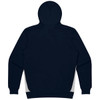 A navy blue hoodie with a hood and contrasting side panels. It features a logo on the back.