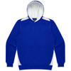 A blue hoodie with a white hood, featuring a front pocket and contrasting panels on the shoulders.