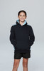 A black hoodie with light blue accents, featuring a front pocket and a hood, worn by a smiling child.