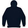 A navy hoodie featuring a hood and a logo, displaying a simple design with grey accents.