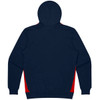 A navy hoodie with red side panels, featuring a hood and long sleeves, and displaying a logo.