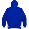 A blue hoodie featuring a hood and contrasting white accents on the sides, with a branding logo.