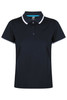 A navy polo shirt featuring a collared neckline, three-button placket, and contrasting trim. It has a logo on the chest.