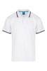 A white polo shirt with black trim and a logo on the label.