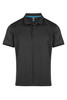 A black polo shirt with a collared neckline and button placket, featuring a logo on the chest.