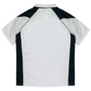 A short-sleeved polo shirt in white with black accents and a logo on the side.