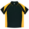 A black and yellow polo shirt featuring a collar and short sleeves, with a logo on the front.