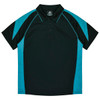 A black and teal polo shirt featuring a collared neckline and short sleeves, with a logo on the label.