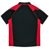 A black and red polo shirt featuring a logo, designed for kids with contrasting panels on the shoulders.