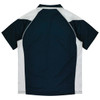 A polo shirt featuring a navy blue and white design, displayed with a classic collar and short sleeves.
