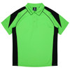 A vibrant green polo shirt with black accents and a collar. The shirt features a logo on the neck.